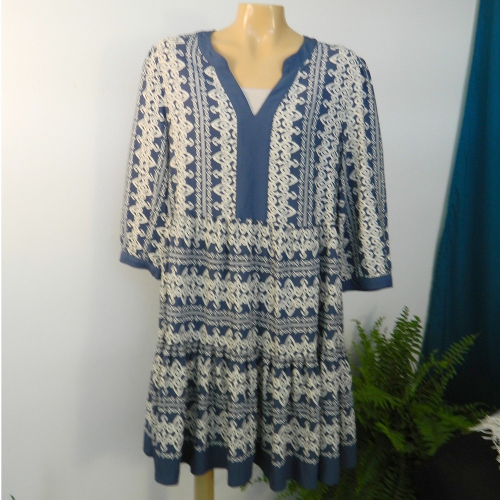 Fig+Flower Tunic Dress Womens XL Blue White Ikat Tiered Split V-Neck 3/4 Sleeve